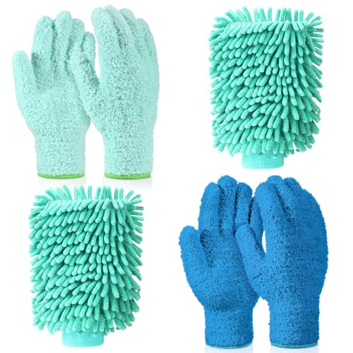 Potchen 6 Pcs Microfiber Dusting Mitt Gloves for Plants Washable Dusting Gloves for House Cleaning Furniture Car Washing - color: Light Blue