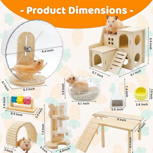 9 Pcs Hamster Cage Accessories, Silent Hamster Wheel, Wooden House and Platform, Wooden Fence, Water Bottle Set, Ceramic Food Bowl, Bath Sand Container, Mini Cleaner for Rat Mice Small Animals Habitat
