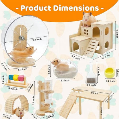 9 Pcs Hamster Cage Accessories, Silent Hamster Wheel, Wooden House and Platform, Wooden Fence, Water Bottle Set, Ceramic Food Bowl, Bath Sand Container, Mini Cleaner for Rat Mice Small Animals Habitat