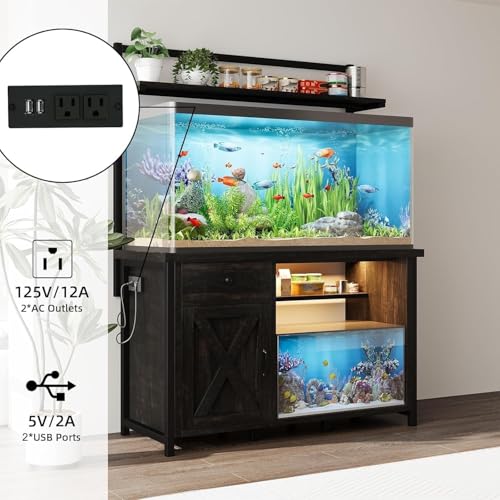55-75 Gallon Fish Tank Stand with Storage, Aquarium Stand with Shelf, Oak | 49.2 x 19.7 In Top, Upper Shelf, LED Light, 2 Outlets, 2 USB Ports, Metal Frame Support, Turtle Tank Stand, 1100 LBS - color: Oak