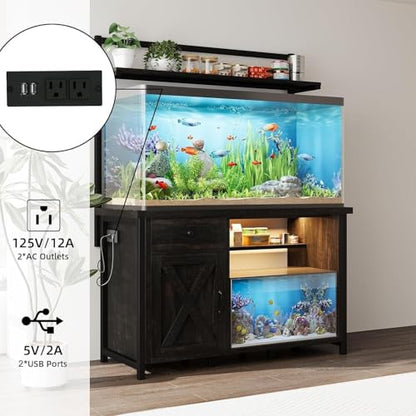 55-75 Gallon Fish Tank Stand with Storage, Aquarium Stand with Shelf, Oak | 49.2 x 19.7 In Top, Upper Shelf, LED Light, 2 Outlets, 2 USB Ports, Metal Frame Support, Turtle Tank Stand, 1100 LBS - color: Oak
