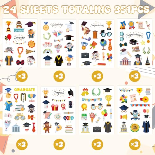 351 Pcs Graduation Stickers, Cute Class of 2026 Graduation Stickers Self-Adhesive Congrats Grad Sticker for Craft Supplies Classroom Rewards Grad Party Favors Wrap Decor - style: Graduation