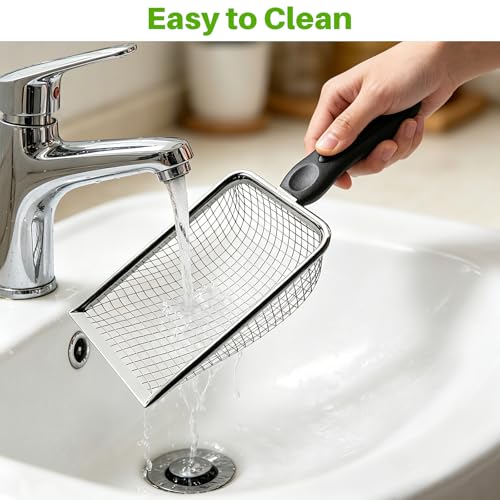 2 Pack Cat Litter Scoop with 3.8mm & 5mm Mesh – Stainless Steel Kitten Litter Scoop with 2 Adhesive Hooks, Metal Cat Poop Scooper for All Litter Types, Efficient Sifting & Easy Cleaning for Litter Box