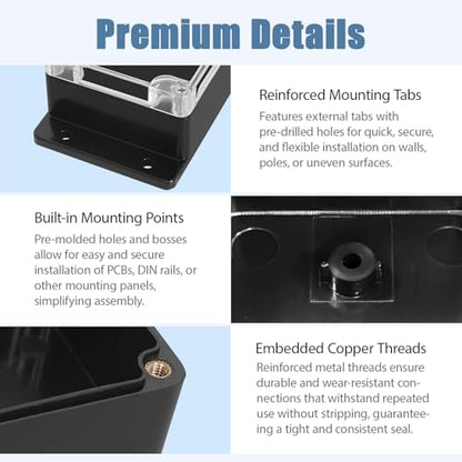 Project Box IP65 Waterproof ABS Plastic Electrical Junction Box with Clear Cover Enclosure with Fixed Ear, Black 4.5"x 3.5"x 2.1"(115x90x55mm)(Pack of 1) - color: 1 pack, size: 4.5"x 3.5"x 2.1"