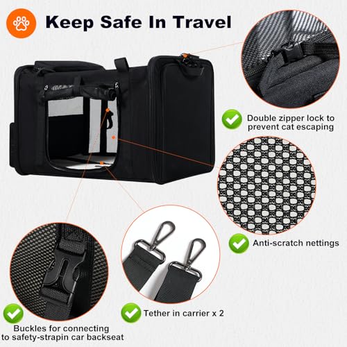 pidipiti 25x17x17 Extra-Large Expandable cat Carrier for car Road Travel | for 1 Extra-Large cat/2 Large /3 Medium Cats up to 35 lbs,large cage kennel for long road trip,zipper lock,good Visibility - size: 25.5"L x 17.0"W x 17.0"H