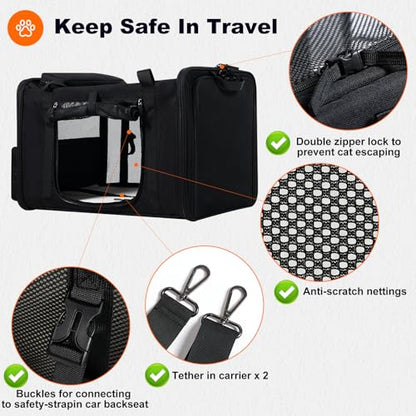 pidipiti 25x17x17 Extra-Large Expandable cat Carrier for car Road Travel | for 1 Extra-Large cat/2 Large /3 Medium Cats up to 35 lbs,large cage kennel for long road trip,zipper lock,good Visibility - size: 25.5"L x 17.0"W x 17.0"H