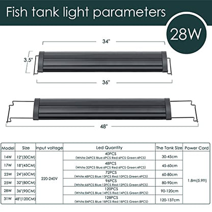 AQQA Aquarium Light,Full Spectrum LED Fish Tank Lights | 12"-54" Adjustable Multi-Color White Blue Red Green LEDs with Extendable Brackets,14W-31W for Freshwater Plants 28W (36"-48") - size: 28W (36"-48")