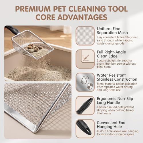 Fine Mesh Cat Litter Scoop Stainless Steel Sifter with Handle | 8-Mesh Fine Grid Cat Litter Scoop with PP Handle; Fast Sifting for Clumping Litter; for Cat Litter & Reptile Sand Cleaning