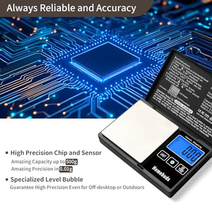 Homebuds 500g Digital Gram Scale High Precision in 0.01g with Level Bubble, Assured by Food Scale Professional Factory Since 2001, Pocket Scale for Lab, Kitchen, Coffee, Jewelry; 2*AAA, Black