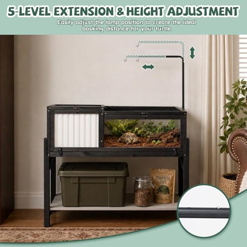 Large Tortoise Habitat with Adjustable Lamp Stand, Wooden & Plastic Turtle Enclosure with Viewing Window, Pull-Out Tray, Storage Shelf, 2-Room Indoor Outdoor Reptile House for Tortoises & Small Pets - size: 40.3"L x 22.8"W x 34.2"H