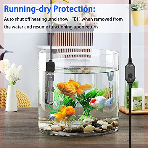 YOFOTHS Adjustable Mini Aquarium Heater, 25W for Tanks 3-5 Gallons | Fish Tank Heater, Digital Display Thermostat, External Temperature Controller - size: 25W