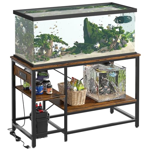 Bestier 55-75 Gallon Fish Tank Stand with Power Outlet, Rustic Brown, 49x13 | 6-Leg Steel Frame, 3-Tier Adjustable Shelves for Filters Storage, 700Lbs Capacity, 5-In-1 Power Outlet, 4 Leveling Feet - color: Rustic Brown, size: 55 Gallon