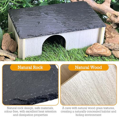 PINVNBY Bearded Dragon Basking Platform, Wood Reptile Hides and Caves, Crested Gecko Hide with Slate Rock, Leopard Gecko Tank Accessories for Small Lizard Snake (M: 9.84x5.9x2.76 inches) - size: M: 9.84x5.9x2.76 inches
