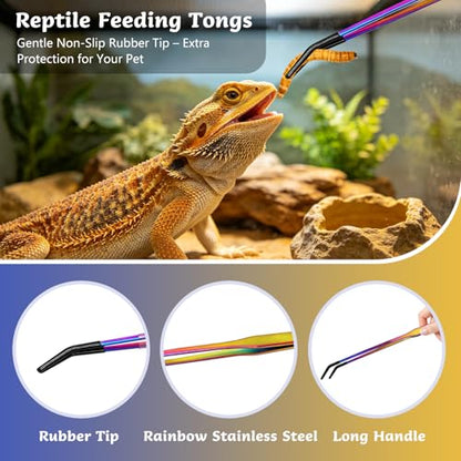 3 PCS Extra Long Stainless Steel Reptile Feeding Tongs and Spoon Set | Reptile Tweezers for Aquarium with Rubber Tip Straight and Curved Terrarium Handle Feeder Tools for Bearded Dragon, Lizards