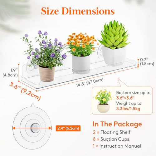 Lifewit Window Plant Shelves 14.6", 2 Pack Acrylic Suction Cup Holder | No-Drill Window Sill Extender for Indoor & Outdoor Micro Greens, Clear Floating Shelf for Bathroom Mirror, or Kitchen Wall