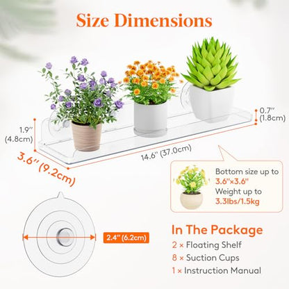 Lifewit Window Plant Shelves 14.6", 2 Pack Acrylic Suction Cup Holder | No-Drill Window Sill Extender for Indoor & Outdoor Micro Greens, Clear Floating Shelf for Bathroom Mirror, or Kitchen Wall