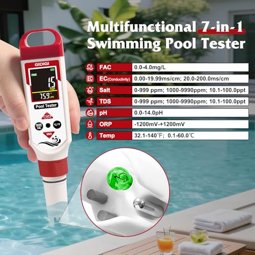 pH Meter Chlorine Tester Digital 7 in 1 Pool Water Tester Kit Salinity Tester for Saltwater Aquarium ORP Meter for Hydroponics Drinking Water Pool Water Tester pH and Chlorine for Pool Spa