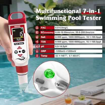 pH Meter Chlorine Tester Digital 7 in 1 Pool Water Tester Kit Salinity Tester for Saltwater Aquarium ORP Meter for Hydroponics Drinking Water Pool Water Tester pH and Chlorine for Pool Spa