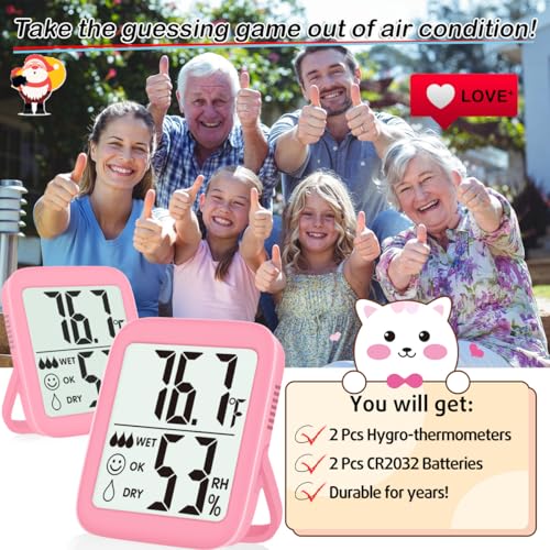 2 Pack Room Thermometer Indoor Hygrometer | Monitor Temperature & Humidity, Accurate, Fast Read, Easy To View, Magnetic/Kickstand/Hanging, ℉/℃, w/ Battery, Compact - color: 2 Pcs* Pink