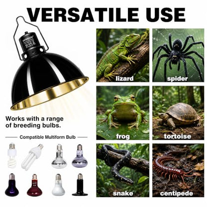 Happy Herps 8.5" Reptile Heat Lamp Fixture for Light/Heat Lamp/UVB Light | Independent switch, E26 ceramic socket, aluminum reflector, fully assembled, fits glass terrariums, 160W max - size: 8.5IN