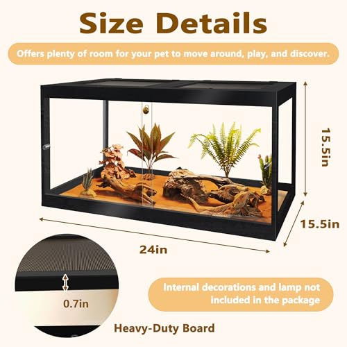 Bearded Dragon Tank 30 Gallon, 24 x 16 x 16 Inch Wooden Reptile Enclosure with Metal Mesh Top, Clear Acrylic Sliding Doors and Lock, Large Lizard and Snake Tank, Black