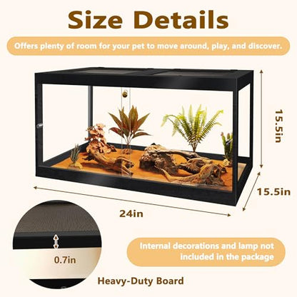 Bearded Dragon Tank 30 Gallon, 24 x 16 x 16 Inch Wooden Reptile Enclosure with Metal Mesh Top, Clear Acrylic Sliding Doors and Lock, Large Lizard and Snake Tank, Black