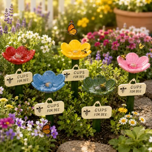 5 Set Bee Watering Station for Garden, Flower-Shaped Insect Drinking Cups with Stakes, Safe Water Feeder for Bees, Butterflies & Pollinators, Outdoor Yard Decor, Nature Lovers Gift