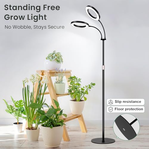 LBW Dual Head Grow Light with Stand for Indoor Plants, Full Spectrum Grow Light for Tall Plants, Adjustable Height up to 68", Auto Cycle Timer 6/8/12/16H, 5-Level Dimmable, 3 Lighting Modes, Black - size: 2 Head 6.3" Black