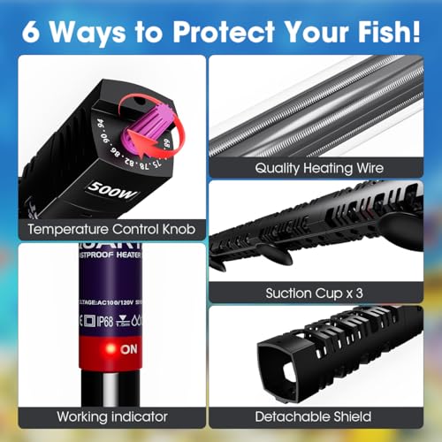 MQ Submersible Aquarium Heater Auto Thermostat, 500W Fish Tank Heater with LCD Digital Aquarium Thermometer, Shatter-Proof and Blast-Proof - size: 500W for 55-80 Gallon