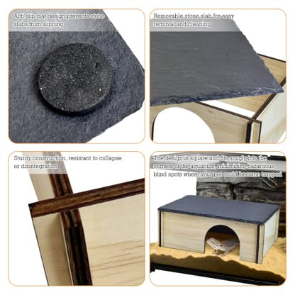 PINVNBY Large Bearded Dragon Basking Platform, Wooden Snake Hide, Ball Pythons Hide with Slate Rock, Leopard Gecko Tank Accessories for Geckos, Crested Gecko Chameleon Turtles (L: 11.8x7.87 inches) - size: L: 11.8x7.87 inches