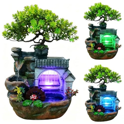 11in Desk Decor Rock Tabletop Water Fountain Indoor Waterfall Gift | Desktop Decoration Feature Humidifier with Pump a& LED Light, Home Office Bedroom Relaxing (No Atomizer)