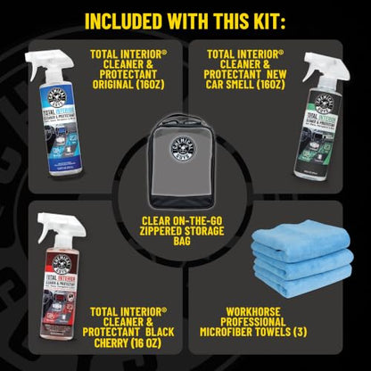 Chemical Guys, Total Interior Cleaner Variety Kit, New Car & Black Cherry | Sample two aromas in one box, a one-step spray for dashes, seats, door panels and screens, boxed ready to gift - size: 48 Fl Oz (Pack of 1), style: BAG KIT