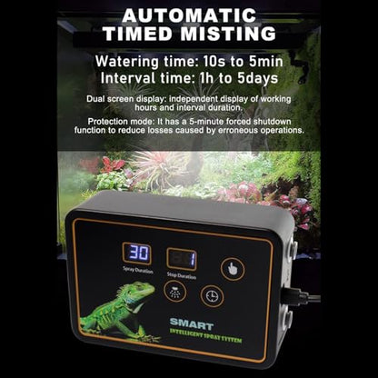 Terrariums Humidifier with 360° Nozzles, Rainforest Tank Timer Misting System, Watering Interval from 10 Seconds - 5 Minutes for Chameleons, Frog, Turtle (US Plug)