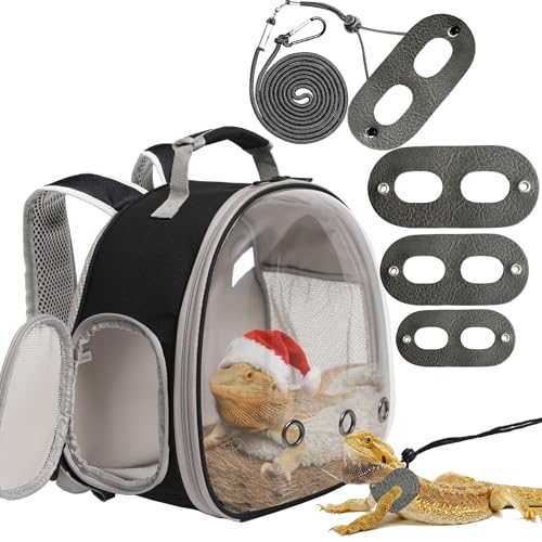 Bearded Dragon Travel Backpack with Harness and Leash Set,Lizard Backpack Travel Carrier,Space Capsule Clear Bubble Window Astronaut Reptile Carrier Backpack, Airline Approved - color: Black
