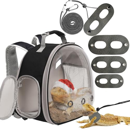 Bearded Dragon Travel Backpack with Harness and Leash Set,Lizard Backpack Travel Carrier,Space Capsule Clear Bubble Window Astronaut Reptile Carrier Backpack, Airline Approved - color: Black