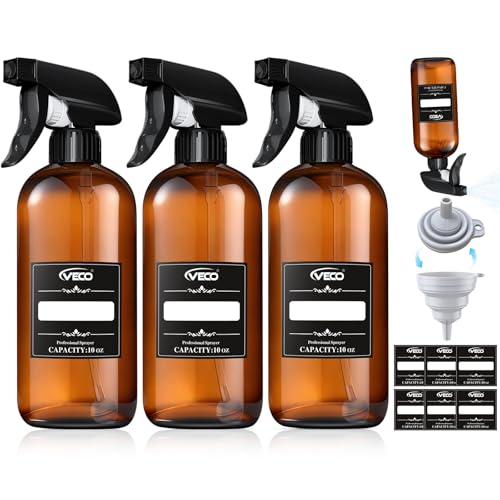 Veco 10oz Spray Bottle with Adjustable Nozzle, 360° Water Spray Bottles for Cleaning Solution, Plastic Spray Bottles for Hair Cooking Plant Pet, No Leak and Clog (3 Pack & Foldable Funnel), Brown - size: 10 oz 3Pack