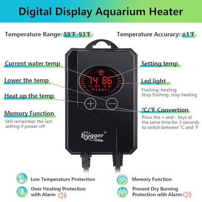 hygger Aquarium Heater 1000W,Submersible Fish Tank Heater with Adjustable Temperature Digital LED Controller,Overheating & Auto Shut Off Protection,for Saltwater & Freshwater Fish Tank 110-240Gallon - size: 1000W for 110-240 Gallon