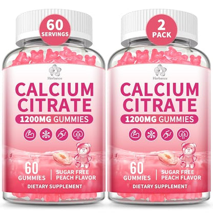 Pure Calcium Citrate 1200 mg Gummies for Adults Kids, High Absorption Calcium Supplements for Women & Men, Sugar Free, Non-GMO, Gluten Free, Supports Bone,Teeth,Muscle & Immune - Peach Flavor, 2 pack. - size: 60 Count (Pack of 2)