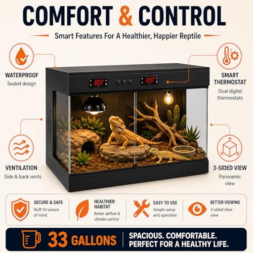 PVC Reptile Terrarium Tanks Enclosure for Ball Python Snake Gecko Bearded Dragon, PVC Reptile Lounge Habitat with Glass Sliding Door and Intelligent Thermostat (33gallons)