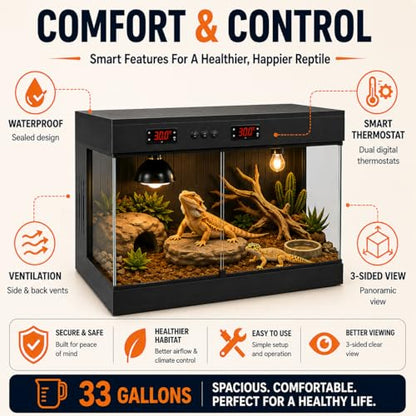 PVC Reptile Terrarium Tanks Enclosure for Ball Python Snake Gecko Bearded Dragon, PVC Reptile Lounge Habitat with Glass Sliding Door and Intelligent Thermostat (33gallons)