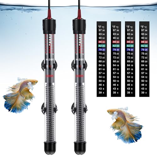 Dreyoo 2 Set 300W Submersible Aquarium Heater with 4 Thermometer Stickers | Adjustable Aquarium Fish Tank Heater with Suckers, Adjustable Knob Thermostat for Marine Saltwater and Freshwater