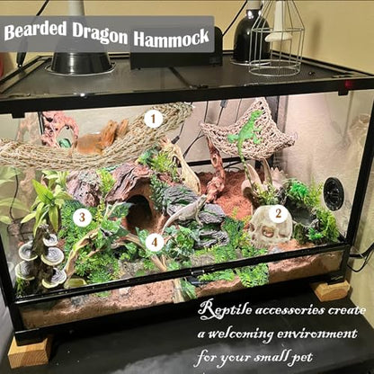 kathson Bearded Dragon Terrarium Skull Decoration, Reptile Tank Habitat Resin Human Skulls Hide Cave Hanging Vines Plants Accessories for Lizards Tortoise Chameleon Spider Reptiles Amphibians(4 PCS)
