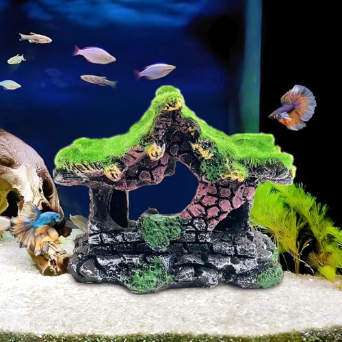 Hamiledyi Resin Hollow Hideout House for Aquarium Decoration Fish Tank Accessories Betta Cave with Lifelike Moss for Shrimp Fish Shelter - style: Pavilion