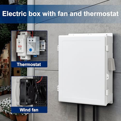 Namunanee Outdoor Electrical Box with Thermostat and Fan, ABS Water Resistant Enclosure with Internal Mounting Panel & Hinged Cover, 18.1" H* 12.6" L* 6.3" W, Plug & Play. - size: 18.1"H x 12.6"L x 6.3"W & Thermostat