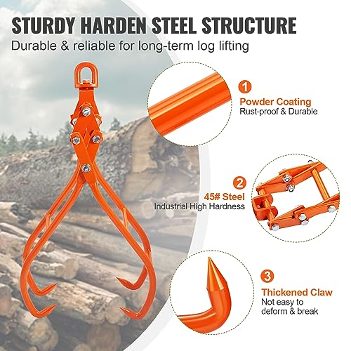 VEVOR Timber Claw Hook, 36 inch 4 Claw Log Grapple for Logging Tongs, Swivel Steel Log Lifting Tongs, Eagle Claws Design with 3307 lbs/1500 kg Loading Capacity for Tractors, ATVs, Trucks, Forklifts - style: 36in-Swivel