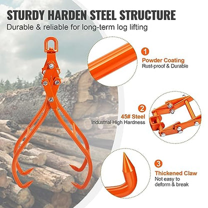 VEVOR Timber Claw Hook, 36 inch 4 Claw Log Grapple for Logging Tongs, Swivel Steel Log Lifting Tongs, Eagle Claws Design with 3307 lbs/1500 kg Loading Capacity for Tractors, ATVs, Trucks, Forklifts - style: 36in-Swivel