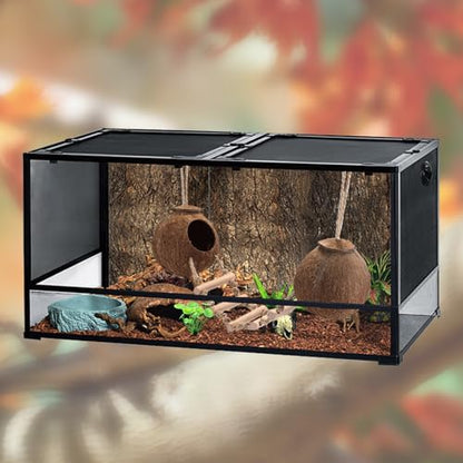 HERCOCCI Gecko Tank Accessories, Hermit Crab Toys Double Coconut Shell | Natural Coconut Husk Hut with Climbing Ladder with Suction Cup for Leopard Gecko Snake Reptiles