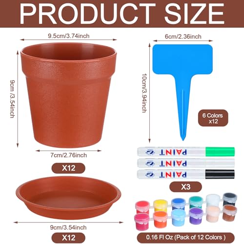 FillTouch 12 Sets Plastic Terracotta Pots Painting Craft Kit Plant Growing Kit Planter with Drainage Holes Tray 3.74'' Thickened DIY Seedling Pots Crafts for Office Home Spring Activity