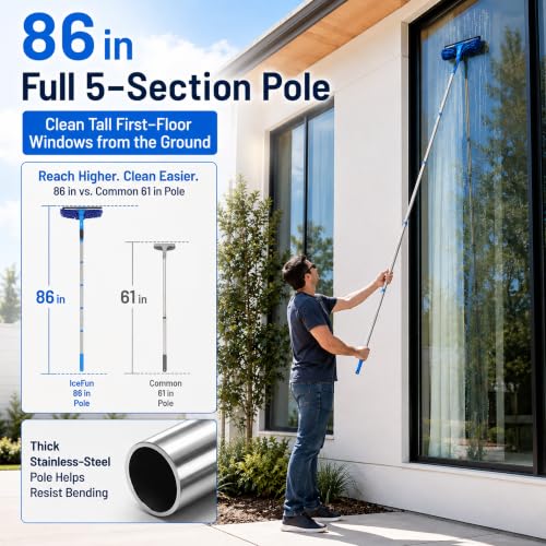 2-in-1 Window Cleaning Kit with Bucket, Extension Pole & Squeegee | 86-in pole, 3-gal bucket, reusable pads & rotating head for high windows, outdoor glass, mirrors, cars & solar panels