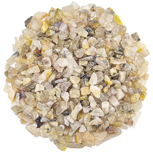 Gold Rutilated Quartz Crystals Bulk Premium Tumbled Chips 0.3-0.35 Inch Small Venus Hair Stone for DIY Crafts Vase Filler Home Decor 1.5LB - color: Golden, size: 1.5lb